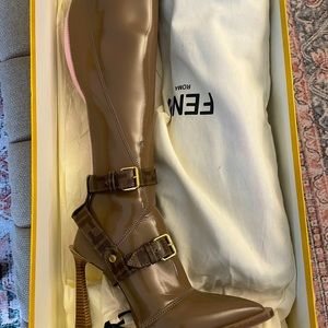 Fendi logo-print Coated Canvas-trimmed Glossed-neoprene Knee Boots In Brown